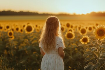 Golden sunflower field bathed in the glow of a stunning countryside sunset