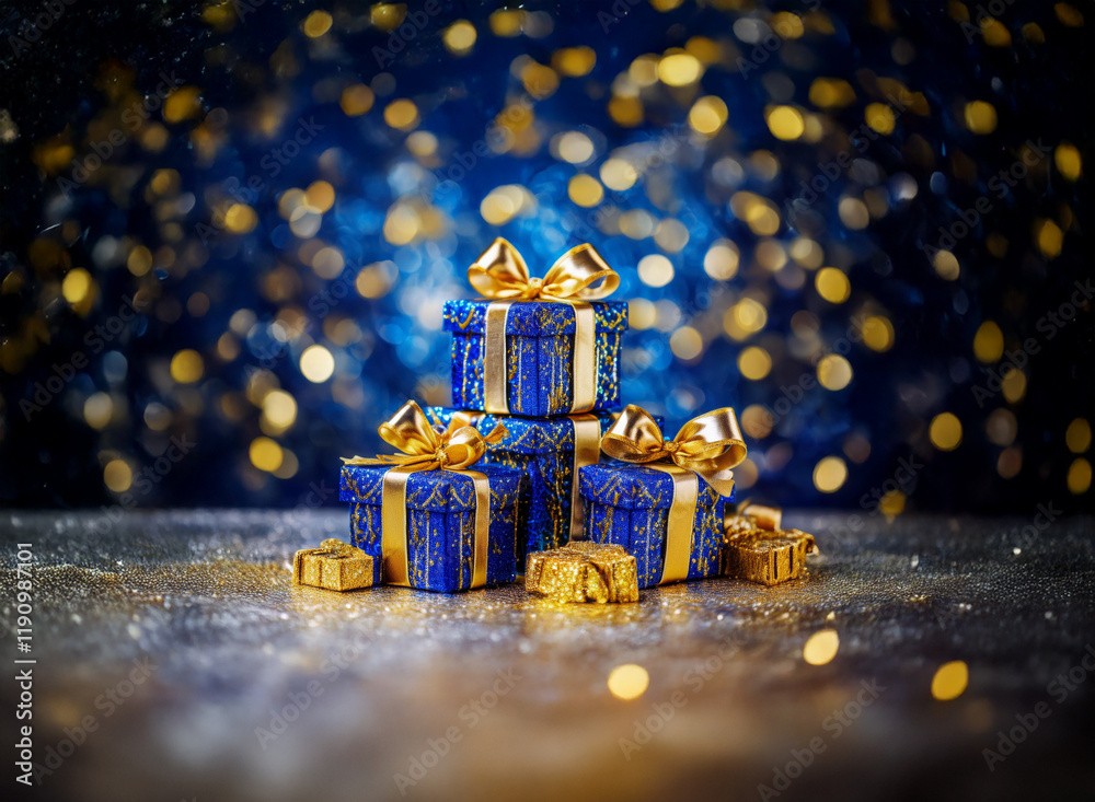 Poster blue and gold wrapped gifts with golden bows sit on a sparkling surface against a bokeh background o