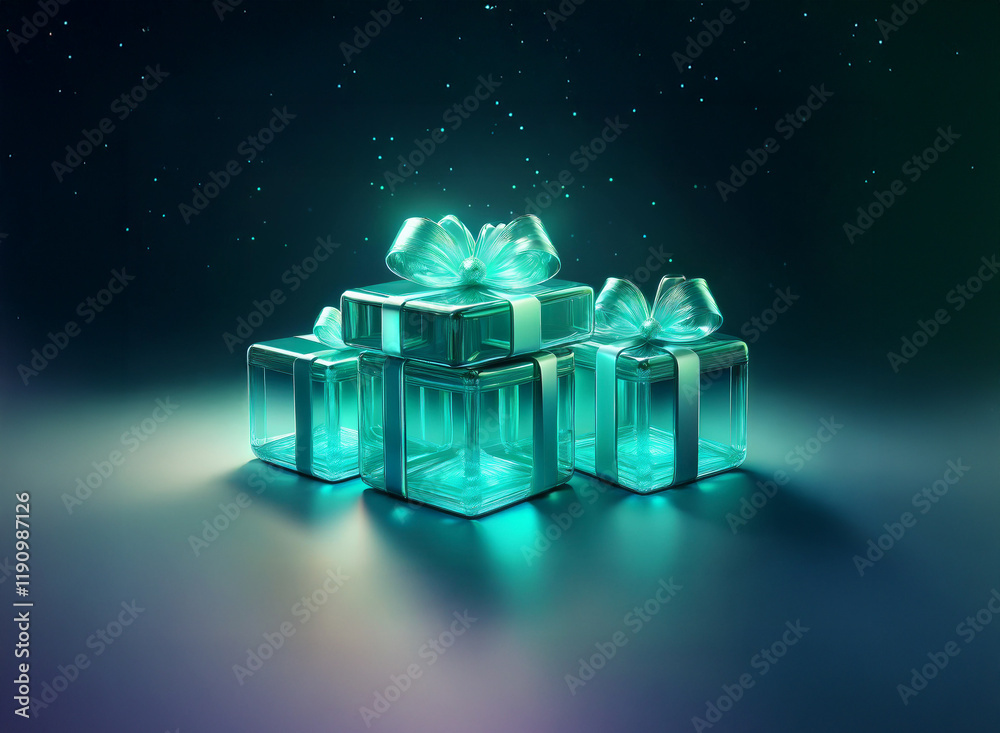 Aufkleber Glowing teal glass presents with silver ribbons sit on a dark surface, illuminated from within, creating a magical, festive atmosphere.  Sparkling particles add to the enchanting scene.