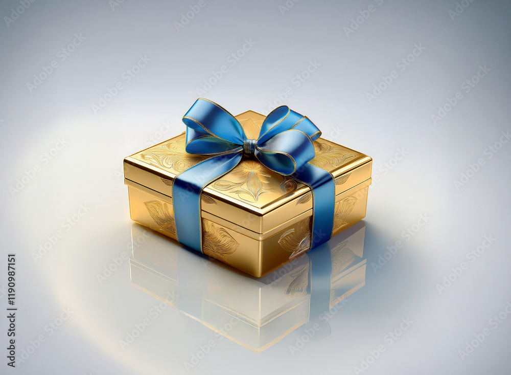 Poster a gold gift box with a blue ribbon sits on a reflective surface. the box is square and features subt