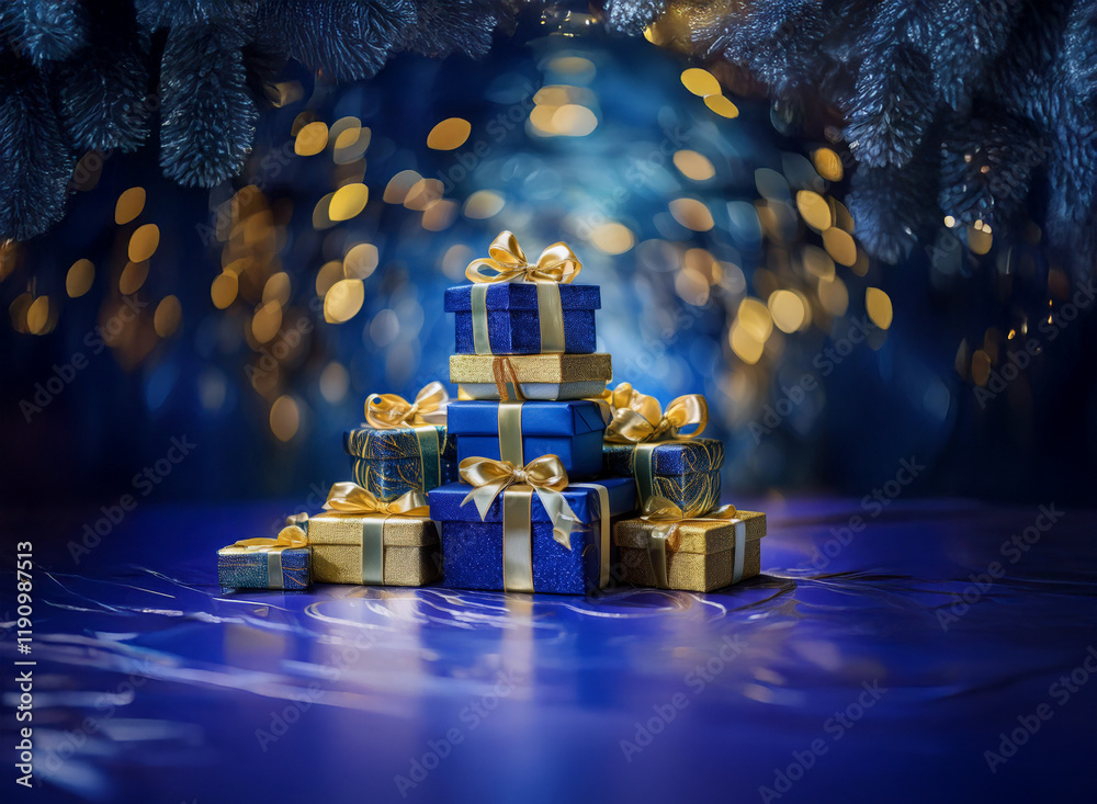 Aufkleber a stack of blue and gold wrapped gifts sits on a reflective surface under a snowy, glittering pine b