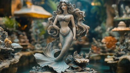 Obraz premium Detailed Mermaid Figurine in Mystical Underwater Setting. Generative AI