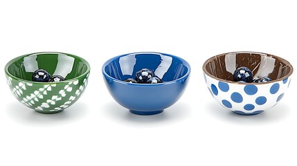 Colorful Bowls with Dark Blue Marbles  Green  Blue  and Polka Dot Designs