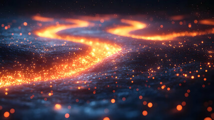 Abstract Glowing Particles Flowing on Dark Background. Dynamic Energy Texture