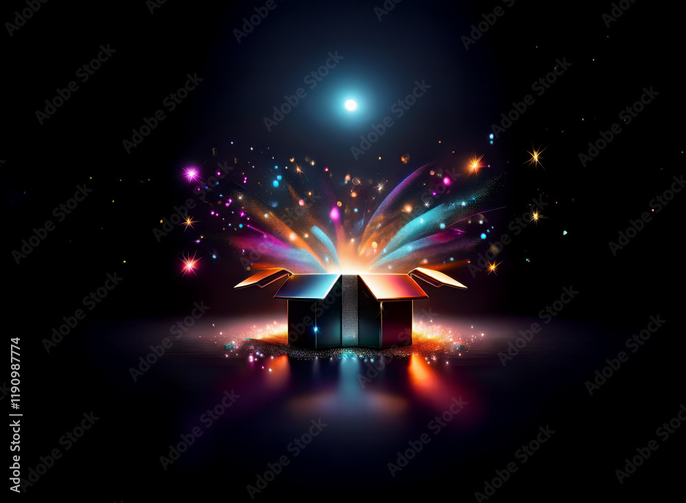 Poster a dark background features an open gift box emanating vibrant, colorful light streaks and sparkles, 