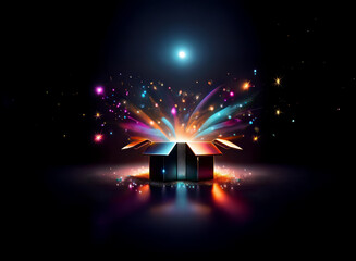 A dark background features an open gift box emanating vibrant, colorful light streaks and sparkles, creating a magical, celebratory effect.  The box reflects on a dark, shiny surface.