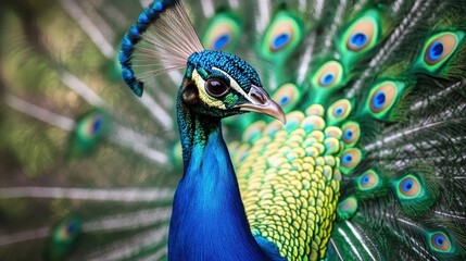 Obraz premium Brilliant Peacock Displaying Vibrant Feathers in Nature with Stunning Colors and Intricate Patterns