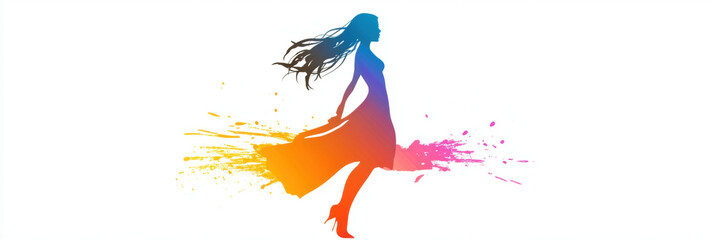 Obraz premium silhouette of woman in flowing dress with colorful paint splashes creates dynamic and artistic effect. vibrant colors and movement convey creativity and energy