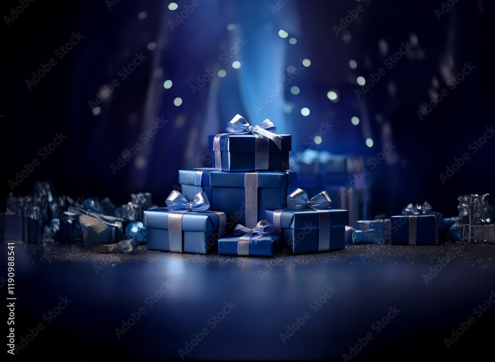 Poster a stack of blue gifts sits on a shimmering surface, illuminated by a soft, blue light. a festive, wi