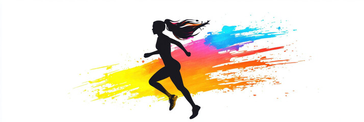 Naklejka premium Silhouette of woman running with colorful paint splashes in background, symbolizing energy and movement. vibrant colors add dynamic and artistic touch to scene