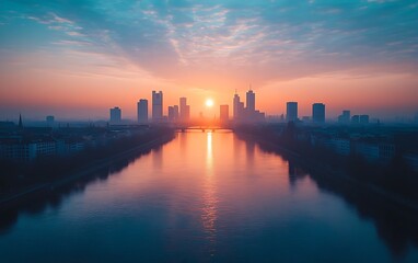 Fototapeta premium City sunrise over river, misty cityscape background, ideal for travel or urban themes