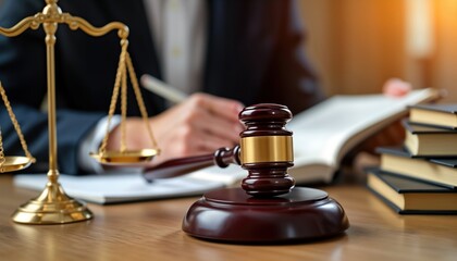 Lawyer works at desk with legal documents. Justice scales, judge gavel on table. Law books stacked behind papers. Focused pro work. Legal services concept image. Law office. Professional lawyer.