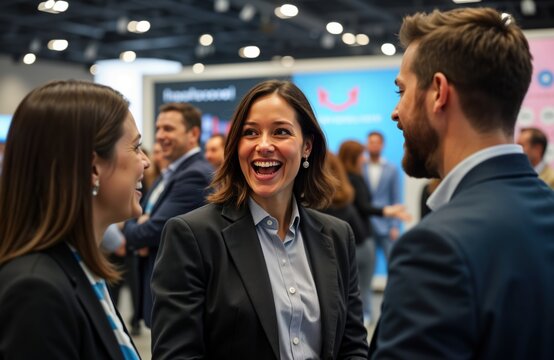 Startup business owner presenting at trade show. Happy, laughing people listen attentively. Group of people enjoying event. Lively atmosphere inside exhibition hall. Successful business concept.