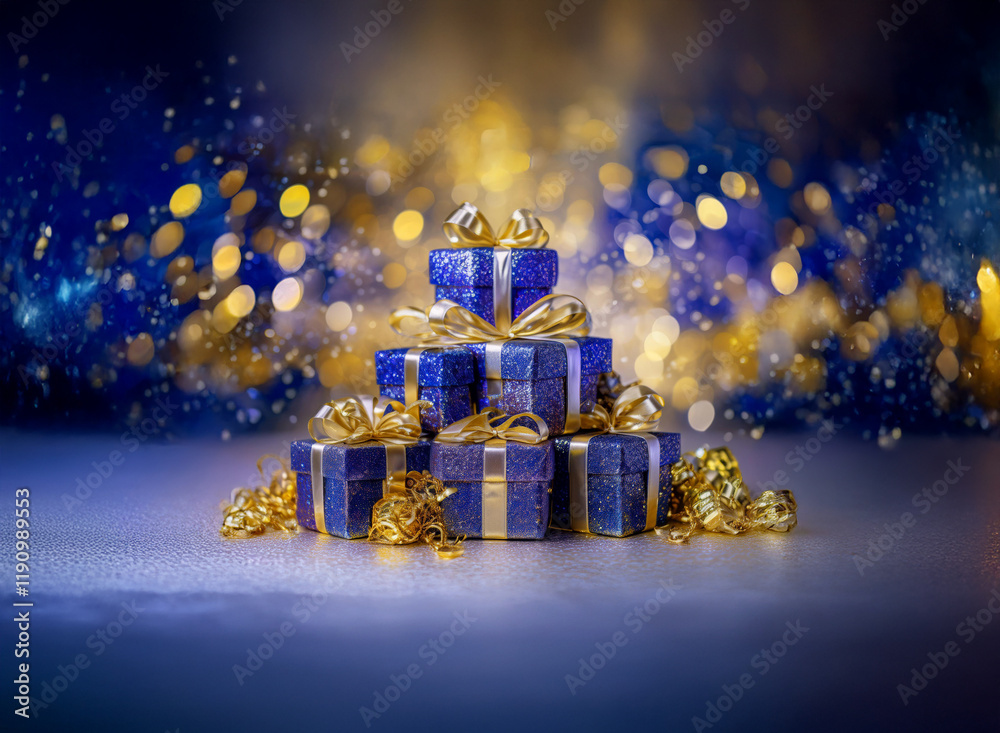 Poster a stack of blue and gold wrapped gifts sits on a snowy surface. sparkling lights and bokeh create a 