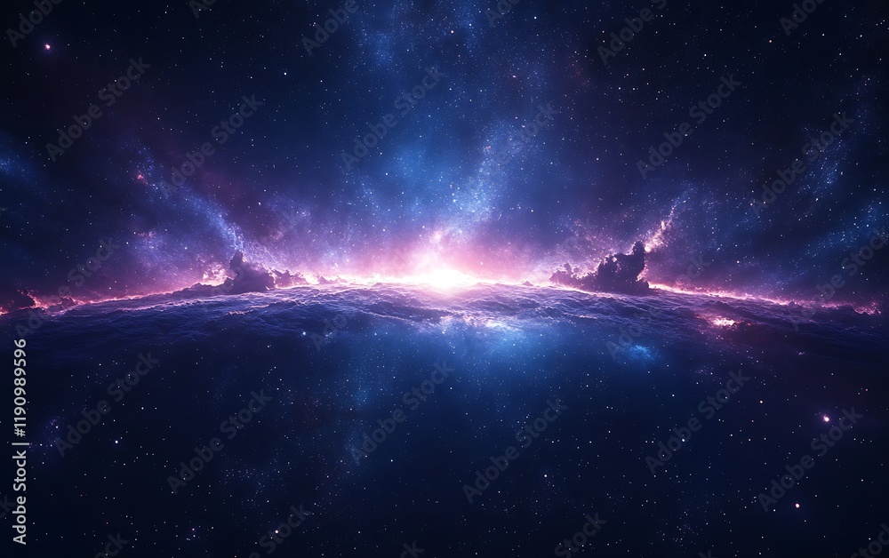 Poster cosmic sunrise over nebula clouds in deep space, ideal for sci-fi projects