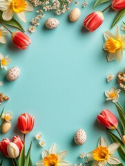 Minimalist Floral Frame for Easter Celebration Featuring Colorful Eggs, Daffodils, Tulips, and Delicate Blooms Against a Light Blue Background