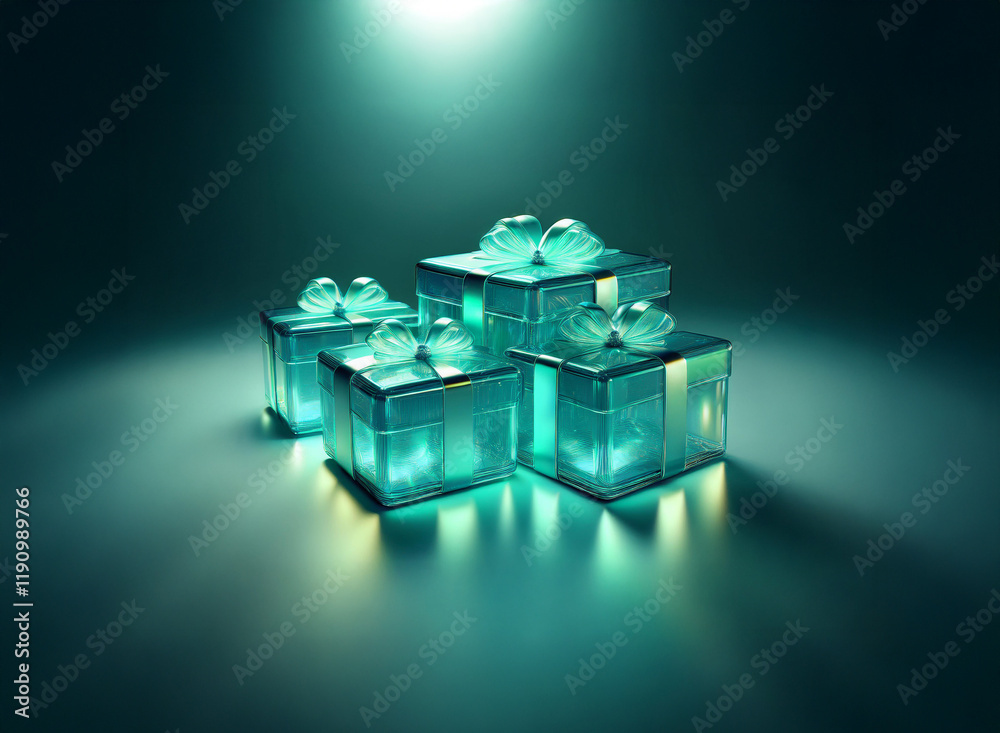 Poster glowing teal gift boxes with gold ribbons sit on a reflective surface, illuminated by a soft light. 