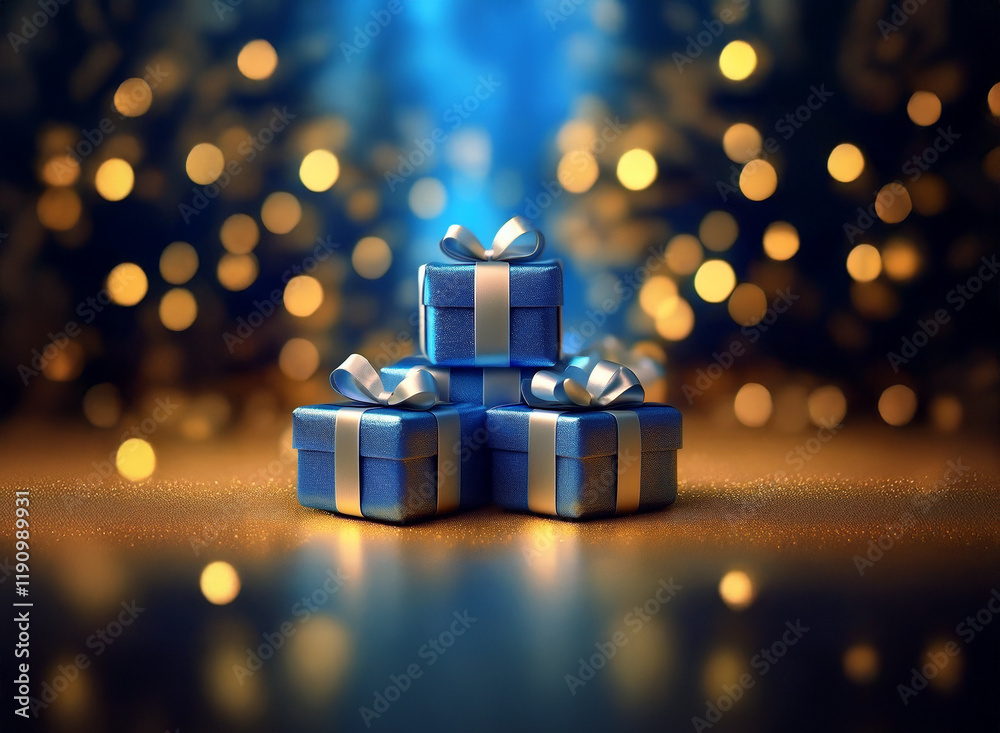 Poster a stack of blue presents with silver ribbons sits on a shimmering surface, illuminated by warm golde
