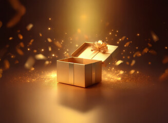 A golden gift box sits open, glowing with magical light.  Golden confetti floats in the air, surrounding the box.  The scene evokes wonder and excitement.