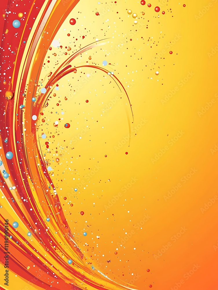 Poster Abstract swirling red and orange lines with colorful dots on a gradient background