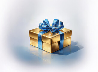 Obraz premium A golden gift box with a bright blue ribbon sits on a reflective surface. The image is clean and simple, suggesting celebration and generosity.