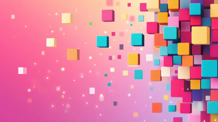 Obraz premium Colorful 3D cubes in various sizes float against vibrant pink and orange gradient background, creating dynamic and playful abstract design