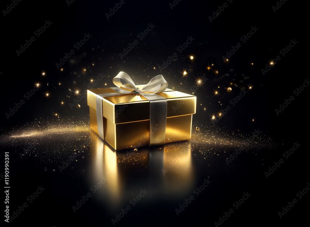 Poster a golden gift box with a silver ribbon sits on a dark reflective surface, surrounded by sparkling du