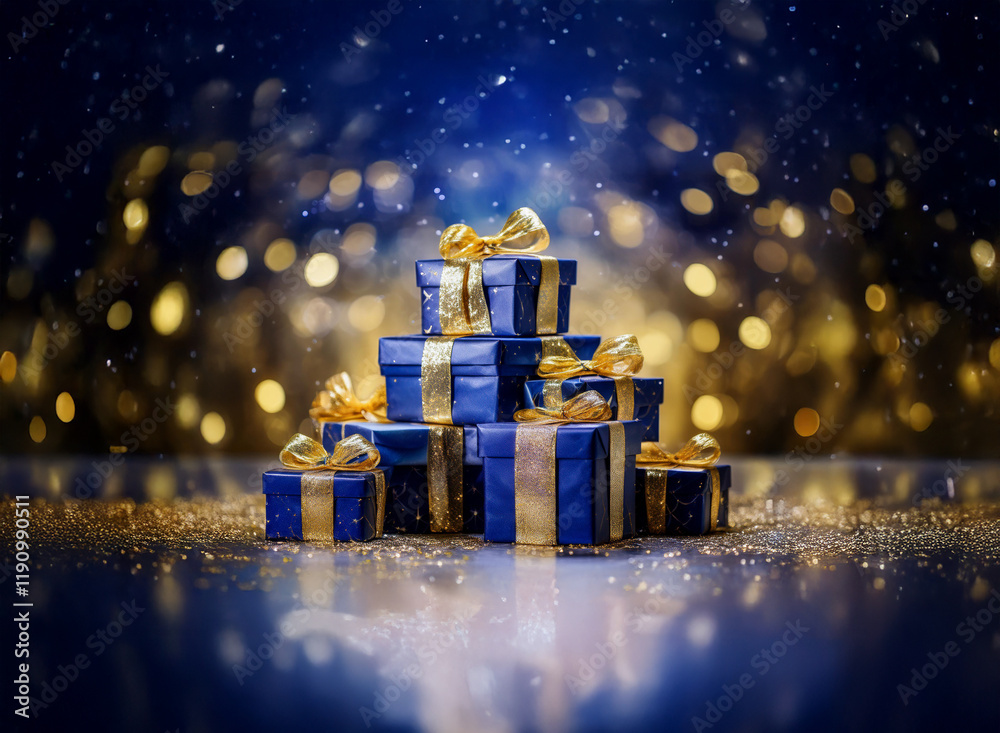 Poster a stack of navy blue presents with gold ribbon sits on a sparkling surface against a bokeh backgroun