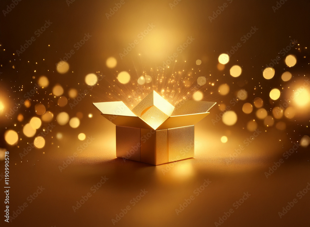 Poster a golden gift box radiates light, sparkling particles burst from within, creating a magical, celebra