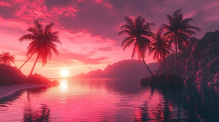 Synthwave background with neon-lit palm trees and glowing reflections on the water, giving off a futuristic retro feel