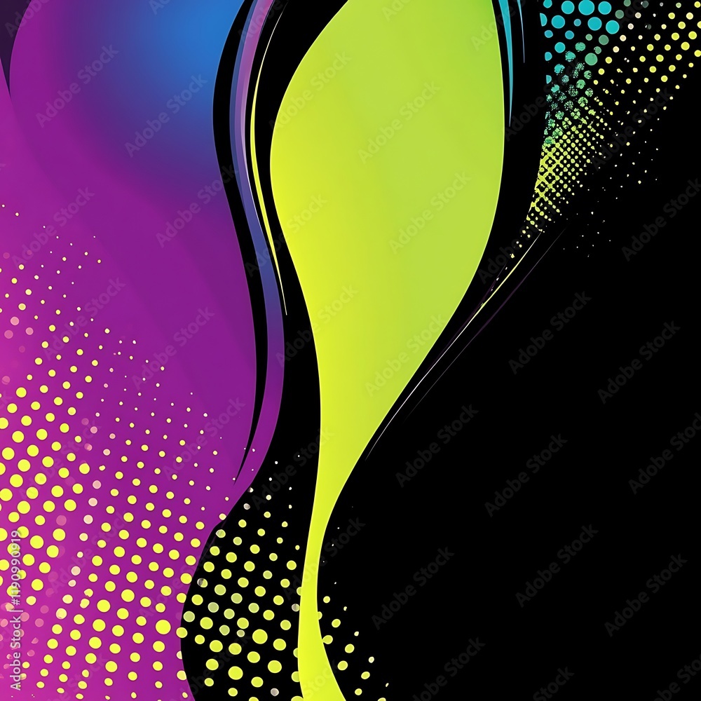 Poster colorful abstract waves and dots on black background for digital art