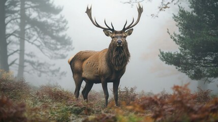 Majestic stag standing tall in a misty forest surrounded by vibrant ferns and soft morning light