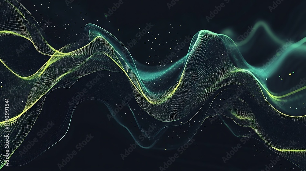 Poster Abstract flowing green wave particles digital background animation