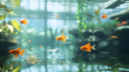 Goldfish swim in a tranquil aquarium environment