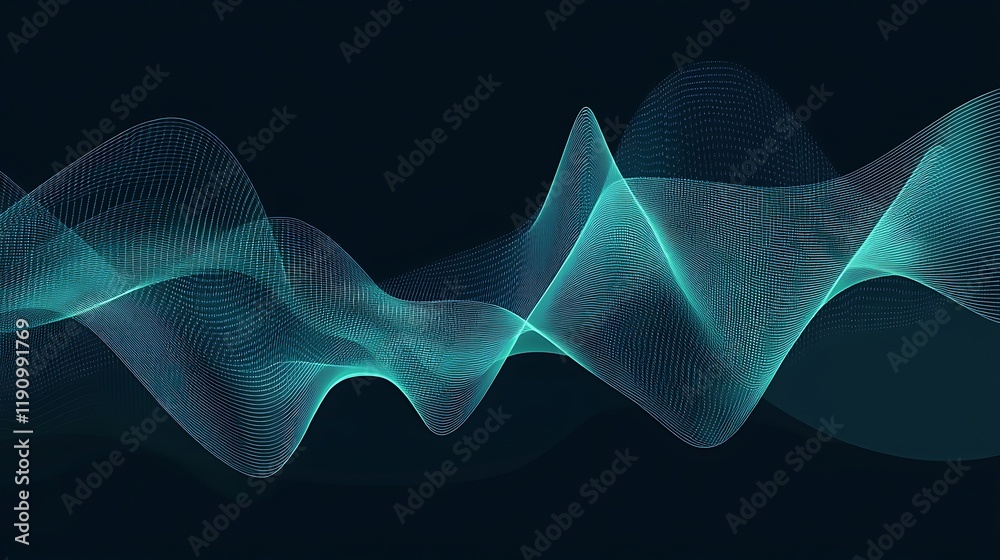 Poster Abstract teal flowing lines on dark backdrop, digital art background