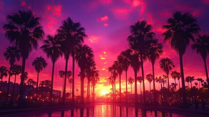Tall palm trees appear as dark silhouettes against a sky fading from purple to pink, setting a cinematic mood at dusk