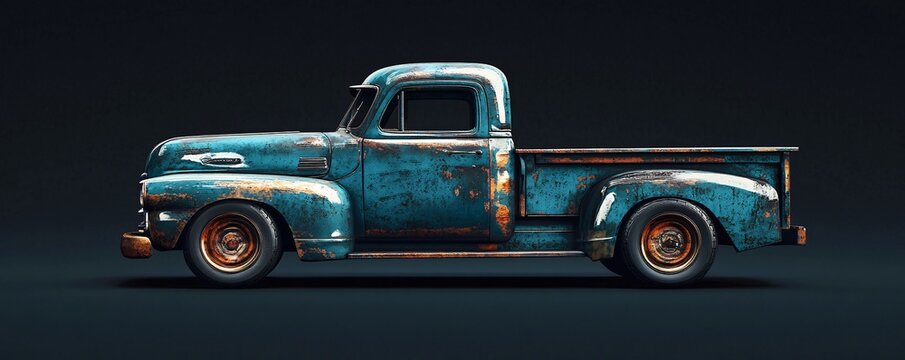 Fototapeta Rusty vintage blue pickup truck on dark background