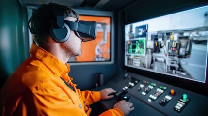 Engineer wearing an orange jumpsuit and virtual reality headset is using joysticks to control machinery in a factory control room, with a large screen displaying data and camera feeds