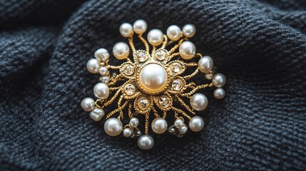 Fototapeta premium Elegant pearl and rhinestone brooch on dark fabric.
