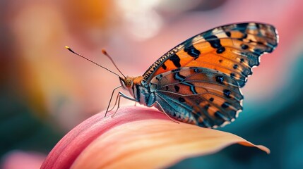 Vibrant Butterfly Perched on Delicate Flower Petal in Soft Focus Background