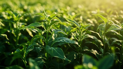 Fototapeta premium Pepper seedlings growing in a row on a farm field.