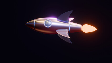 abstract 3d render illustration with cartoon retro rocket in outer space