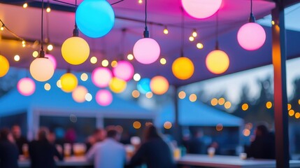 Fototapeta premium Colorful Decorative Lights Enhance Ambience at Outdoor Evening Gathering with Soft Bokeh Effect and Vibrant Atmosphere