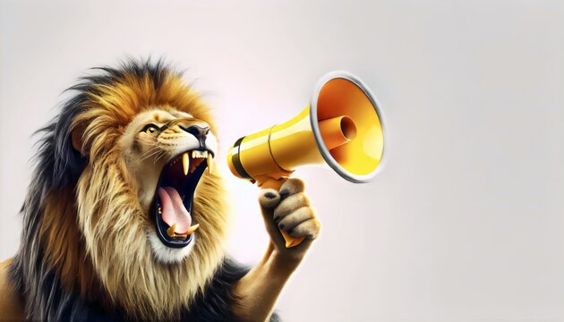 Cool beautiful lion holding and screaming into a yellow loudspeaker on a blue background. Business management and boss, a creative idea. Successful advertising and management, concept. Attention