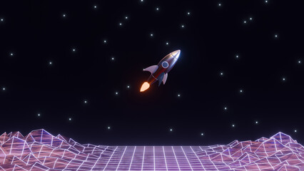 abstract 3d render illustration with cartoon retro rocket in outer space