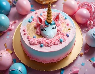 View of above of a colorful kid, blue, pink, cream, pan, milk, chocolate, strawberries birthday cake, with candles, unicorn, glaced sugar, sweets, candies, glasses, balloons, confettis