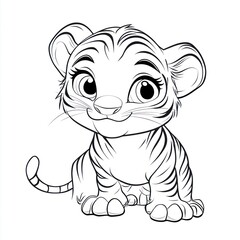 Cute tiger cub coloring page, jungle background, kids activity