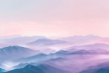 Serene mountain landscape with soft pastel hues and misty valleys at dawn.