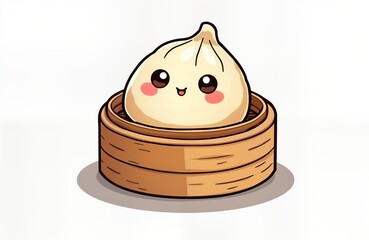 Cute cartoon dumpling in bamboo steamer. Smiling dim sum character resting in wooden steamer basket. Asian food concept for kitchen decor. Illustration style. Simple design. Perfect for posters