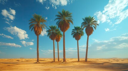 Fototapeta premium Tall palm trees stand in the middle of a vast desert expanse